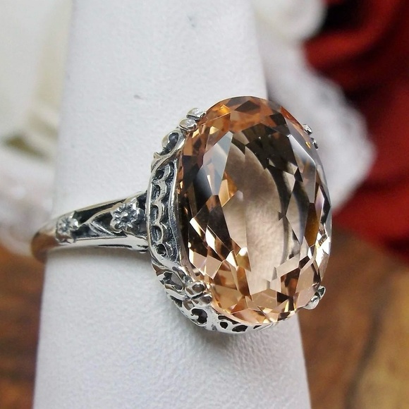 Peach Topaz Edwardian Revival Silver Toned Ring Coquette Bauble - Picture 7 of 13